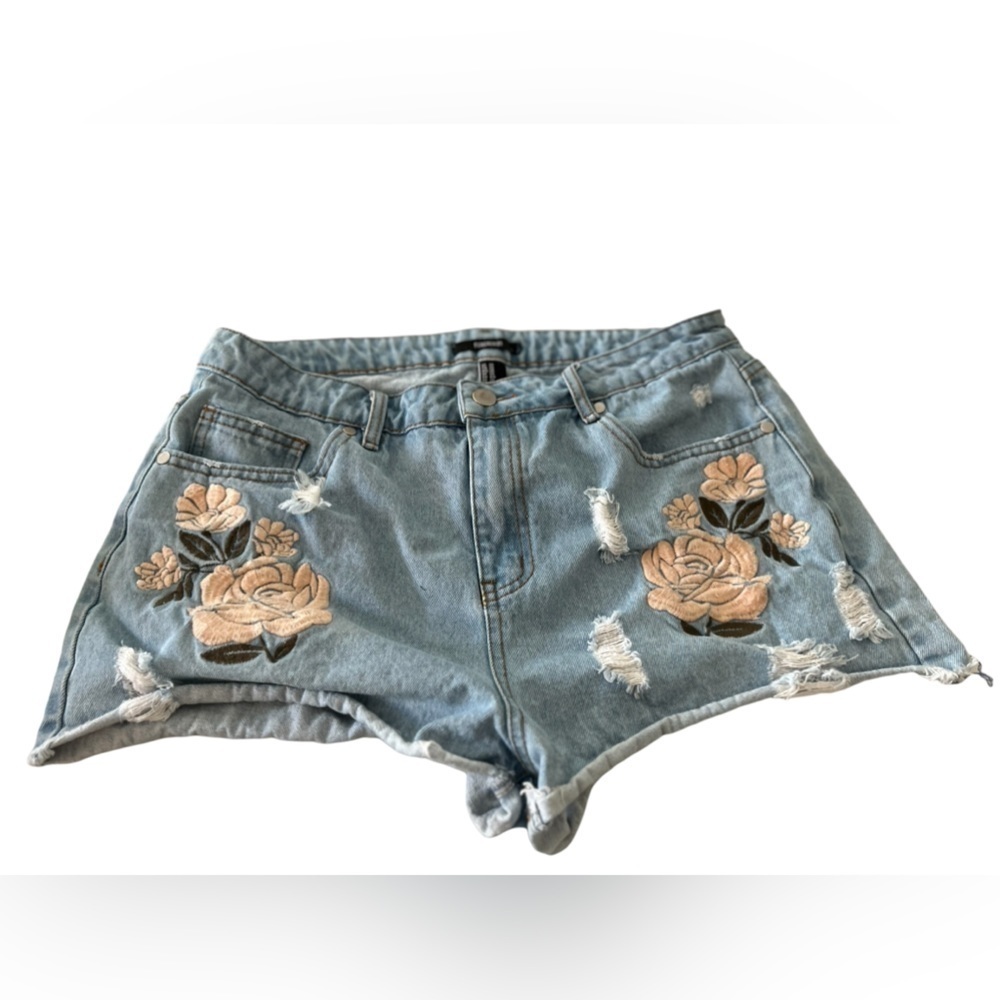 Forever 21 Light Blue Denim High Waist Shorts with Peach Floral Embroidery